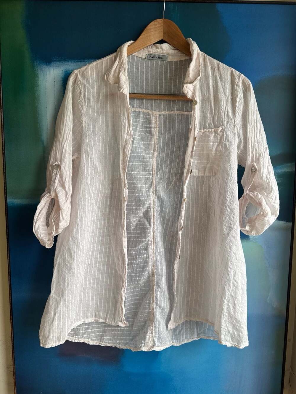 Angela Mara Pink & White Striped Gauze Roll-Tab Sleeve Button-Down Top